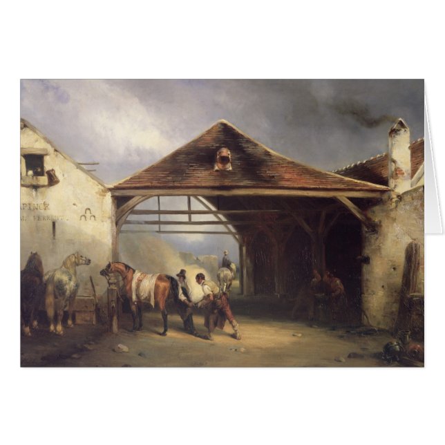 馬に蹄鉄を打っている蹄鉄工 (正面横)