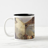 馬に蹄鉄を打っている蹄鉄工 ツートーンマグカップ (左)