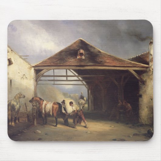 馬に蹄鉄を打っている蹄鉄工 マウスパッド (正面)