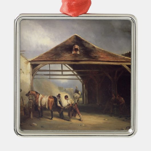 馬に蹄鉄を打っている蹄鉄工 メタルオーナメント (正面)