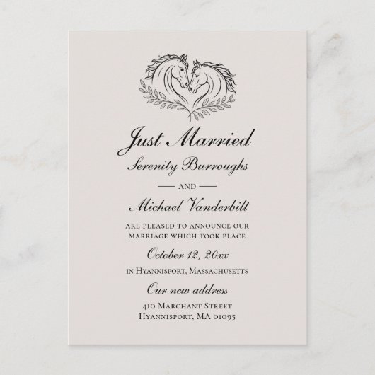 馬のたった今結婚しました素朴エレガントカントリーウェディング 案内ポストカード (正面)