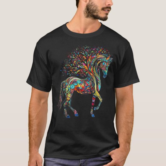 馬のアートワークの木カラフル動物の馬1 Tシャツ (正面)