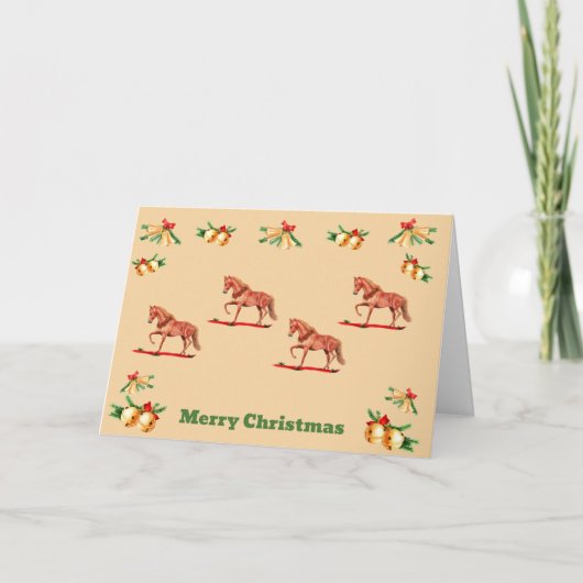馬のアート クリスマスカード 赤いリボン 金のベル カード (正面)