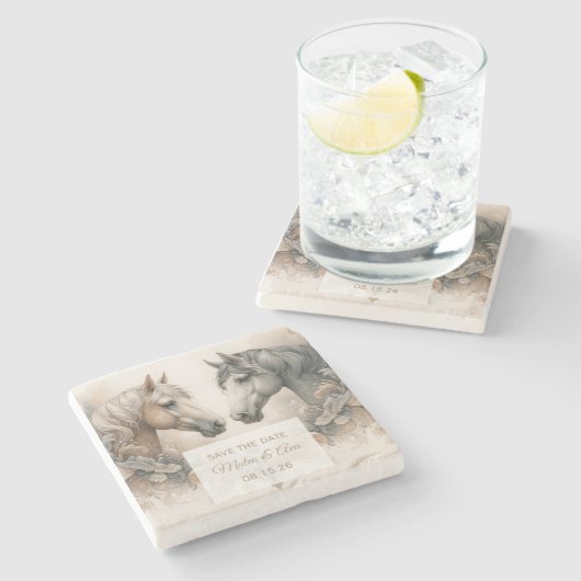馬のエレガント結婚式の日付の石コースターを保存 ストーンコースター (横)