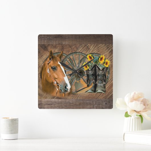 馬のカウボーイブーツワゴンホイールサンフラワーウェスタン スクエア壁時計 (ホーム)
