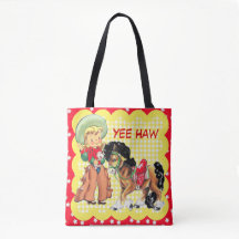 馬のカスタムな文字のトートバックを持つ女性のカーボーイの子供