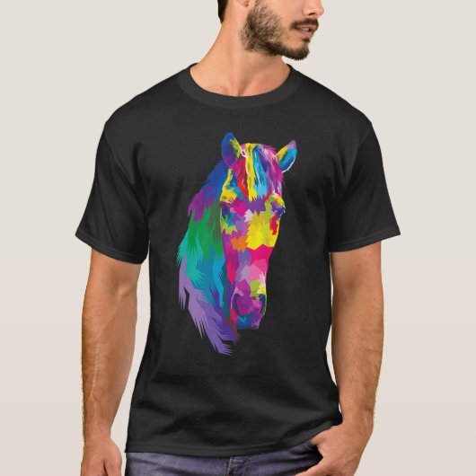 馬のカラフル頭の多角形幾何学 Tシャツ (正面)
