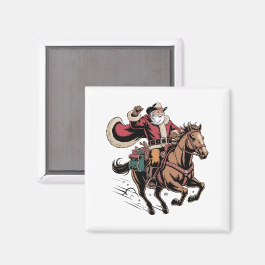 馬のクリスマスに乗るカウボーイサンタクロース マグネット (正面/裏面)