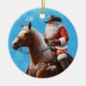 馬のクリスマスに西の帽子をかぶったサンタクロース セラミックオーナメント (正面)