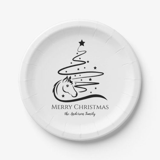馬のクリスマスツリー黒白の馬術 ペーパープレート (正面)