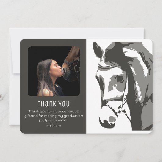 馬のスケッチモダングレーの白の卒業写真 サンキューカード (正面)