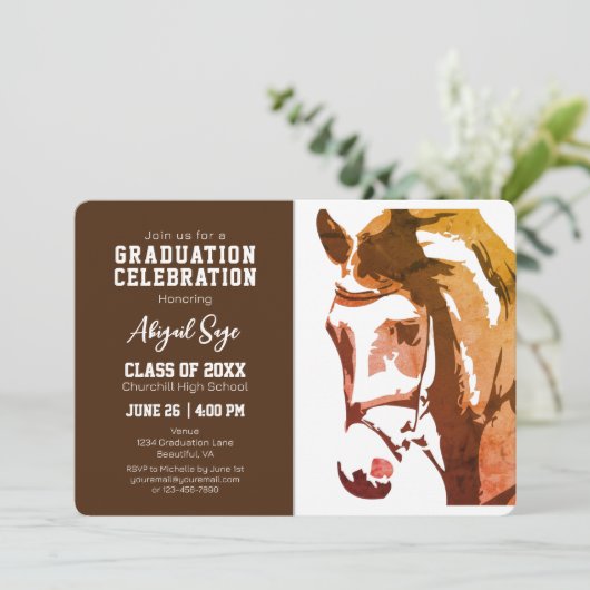 馬のスケッチモダン茶色の白い写真卒業 招待状 (スタンド正面)