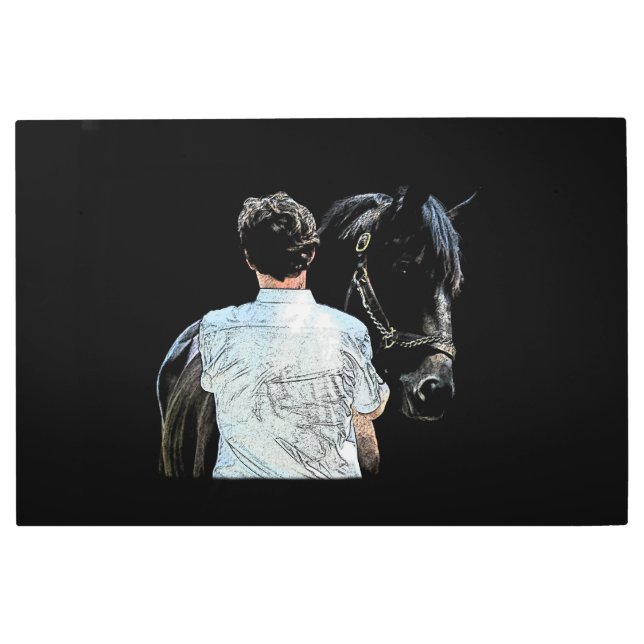 馬のダークメタルウォールアートを保持する男 メタルプリント (正面)