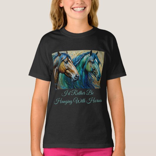 馬のティール（緑がかった色）ブルーグリーンブラウン Tシャツ (正面)