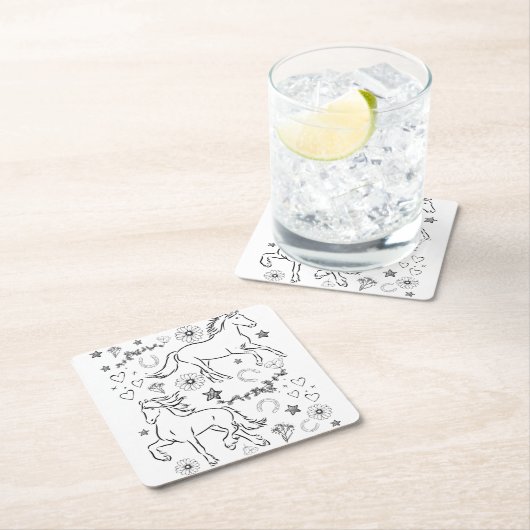 馬のドードルカラー スクエアペーパーコースター (インサイチュ)