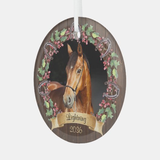 馬のパーソナライズされた写真のクリ素朴スマス ガラスオーナメント (正面左)