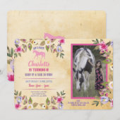馬のパーティー 花 馬の花 ピンクの招待状 招待状 (正面/裏面)