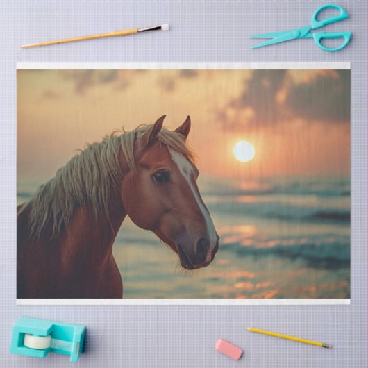 馬のプロフィールの夕日のビーチのデコページ 薄葉紙 (クラフト)