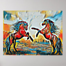 馬のペアの通りアートスタイルポスター ポスター