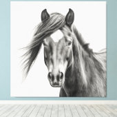 馬のポートレート:モノクロ手描き馬 キャンバスプリント (インサイチュ (ウッドフロア))
