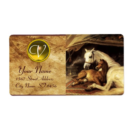 馬のモノグラム茶色の黄色のアラブのテント ラベル (正面)