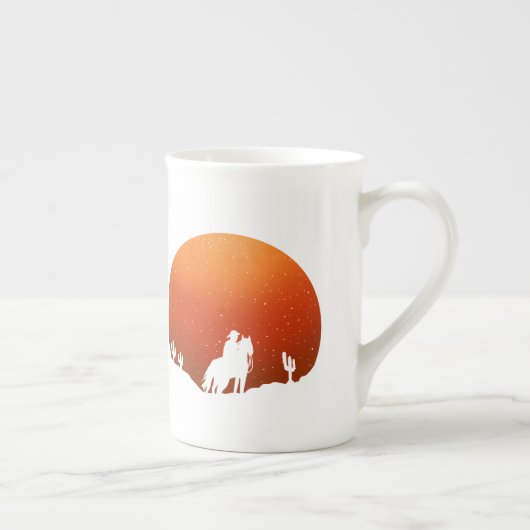 馬のワイルドウェストの夕日の風景を持つカウボーイ ボーンチャイナマグカップ (右)