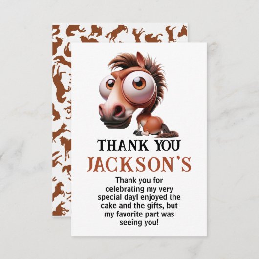 馬の似顔絵 1歳の誕生日パーティー サンキューカード (正面/裏面)