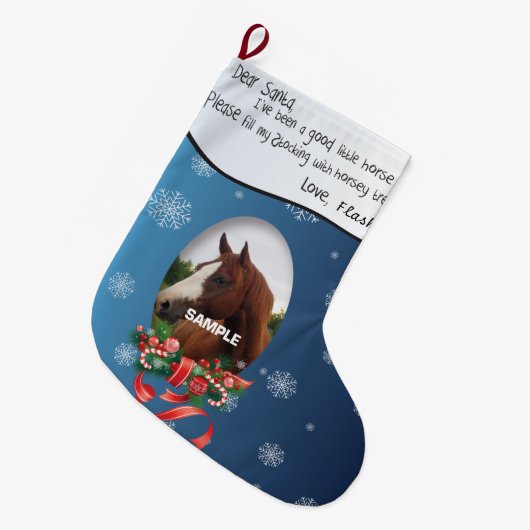 馬の写真を追加してSantaと名前を付親愛ける ラージクリスマスストッキング (正面 (吊り時))