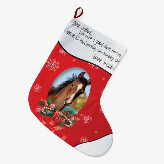 馬の写真を追加してSantaと名前を付親愛ける ラージクリスマスストッキング (正面 (吊り時))