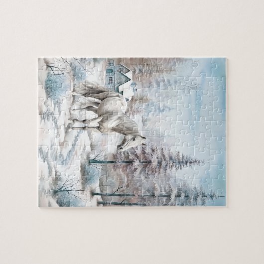 馬の冬のシーン雪の森クリスマス ジグソーパズル (横)