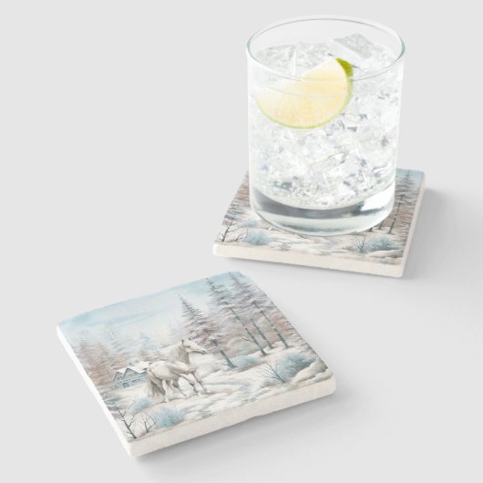 馬の冬のシーン雪の森クリスマス ストーンコースター (横)