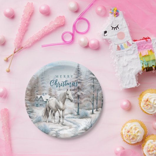 馬の冬のシーン雪の森クリスマス ペーパープレート (パーティー)