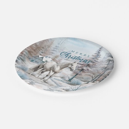 馬の冬のシーン雪の森クリスマス ペーパープレート (アングル)