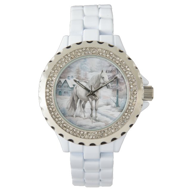 馬の冬のシーン雪の森クリスマス 腕時計 (正面)