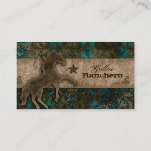 馬の名刺の西部のヴィンテージのダマスク織のティール(緑がかった色) 名刺 (正面)