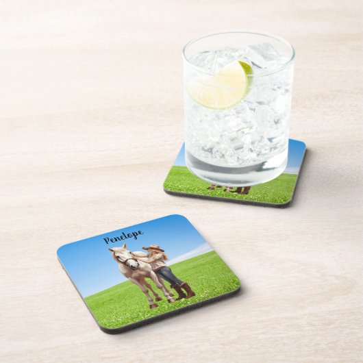 馬の女の子の乗馬の牧草地パーソナライズ コースター (右側)