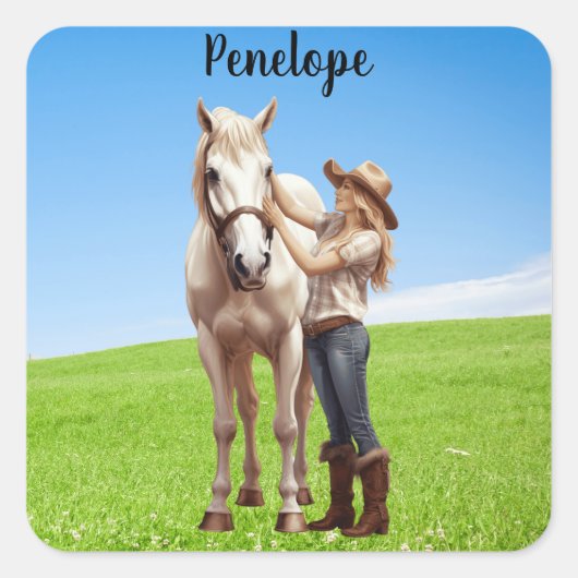 馬の女の子の乗馬の牧草地パーソナライズ スクエアシール (正面)