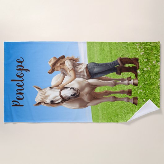 馬の女の子の乗馬の牧草地パーソナライズ ビーチタオル (正面)
