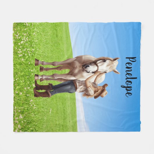 馬の女の子の乗馬の牧草地パーソナライズ フリースブランケット (正面(横))