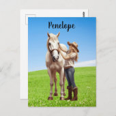 馬の女の子の乗馬の牧草地パーソナライズ ポストカード (正面/裏面)