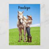 馬の女の子の乗馬の牧草地パーソナライズ ポストカード (正面)