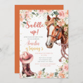 馬の女の子の誕生日カウガールピンクフラワー 招待状 (正面/裏面)