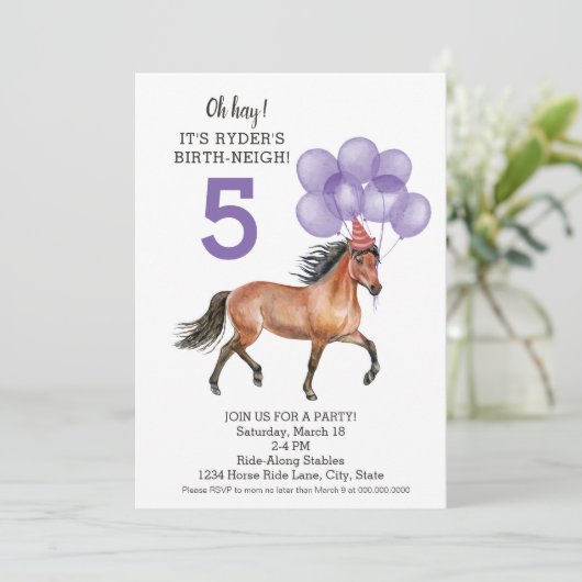 馬の女の子の誕生日//納屋の誕生日パーティー紫 招待状 (スタンド正面)