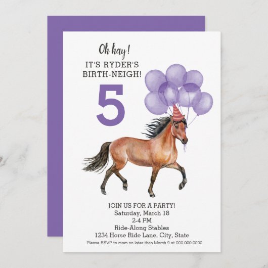 馬の女の子の誕生日//納屋の誕生日パーティー紫 招待状 (正面/裏面)