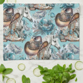 馬の女の子女性のカーボーイパターンターコイズフローラ キッチンタオル (折り畳み)