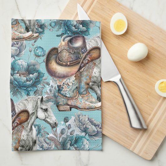 馬の女の子女性のカーボーイパターンターコイズフローラ キッチンタオル (四つ折り)