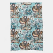 馬の女の子女性のカーボーイパターンターコイズフローラ キッチンタオル (縦)