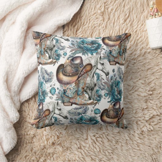 馬の女の子女性のカーボーイパターンターコイズフローラ クッション (ブランケット)