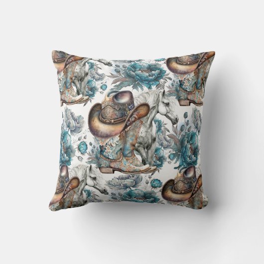 馬の女の子女性のカーボーイパターンターコイズフローラ クッション (裏面)