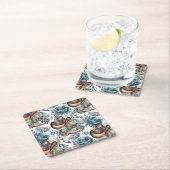 馬の女の子女性のカーボーイパターンターコイズフローラ スクエアペーパーコースター (インサイチュ)